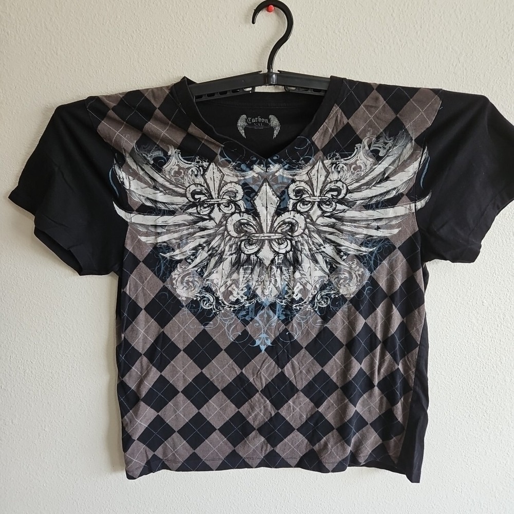 Carbon‎ Shirt Womens Size XXL Black Silver V Neck Y2K Style Argyle Wings Saint